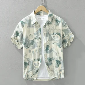 Men's Fashion Loose Print Japanese Style Short-Sleeved Shirt 100% Cotton Casual Shirt for Man Camisas Men Shirts TS-774