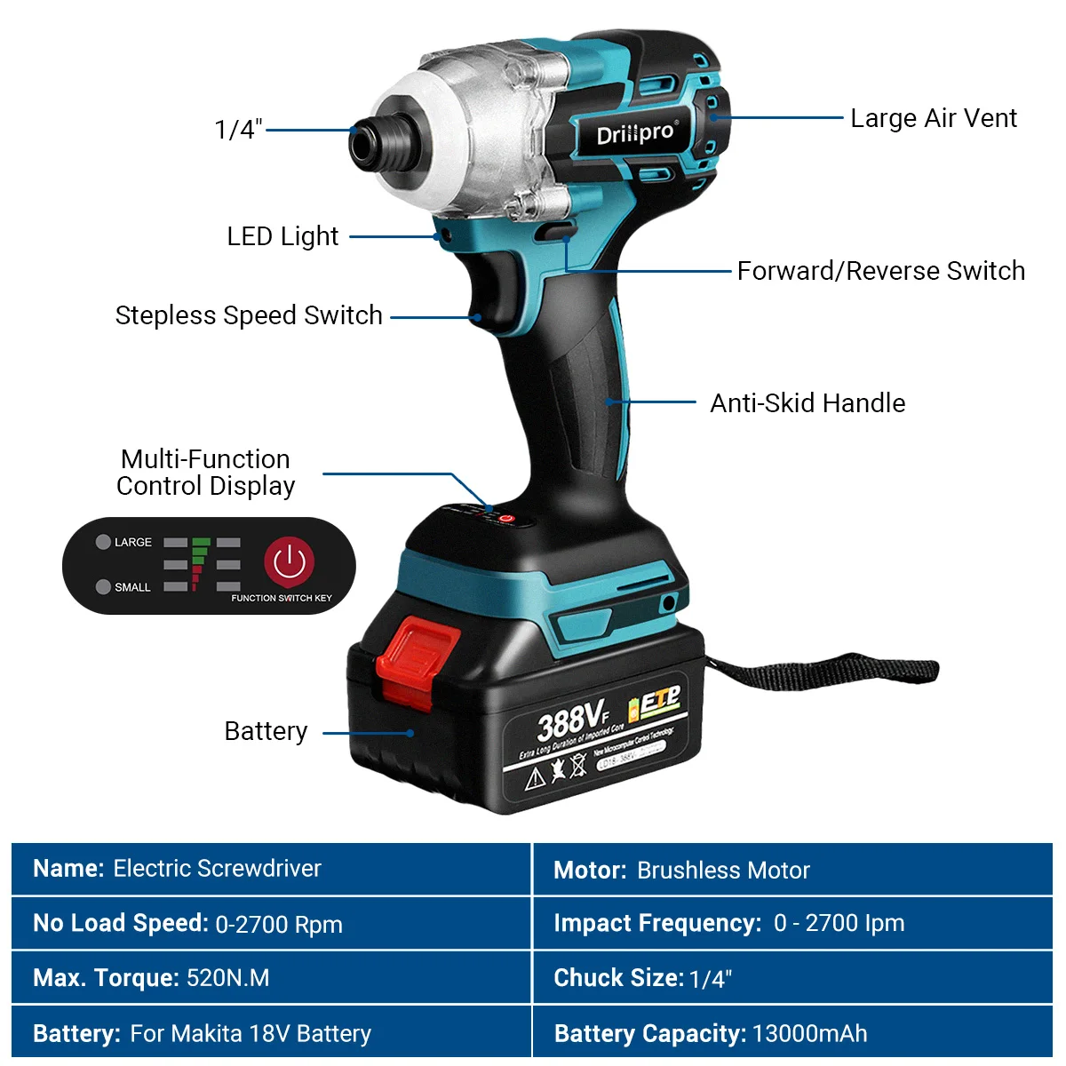 Drillpro 388VF Cordless Brushless Electric Screwdriver  1/4 inch Power Tools  Drill Driver + LED Light For Makita 18V Battery