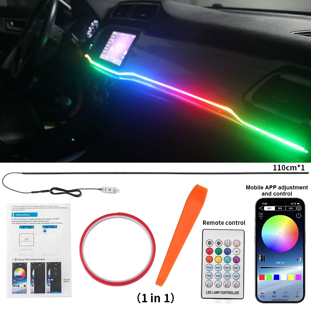 Led Streamer Car Ambient Light Full Color RGB 64 Color USB Bluetooth APP Control LED Atmosphere Lamp Hidden Acrylic Strip 110cm