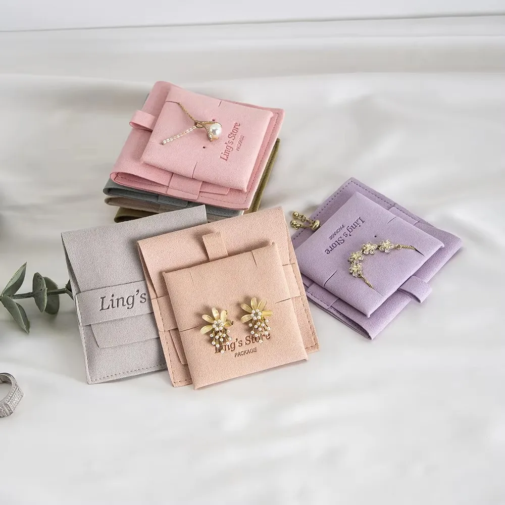 

20/50/100Sets Custom Personal Brand Jewelry 8x8cm Microfiber Strip Bags Insert With 6x6cm Pad Display Card For Studs Necklace