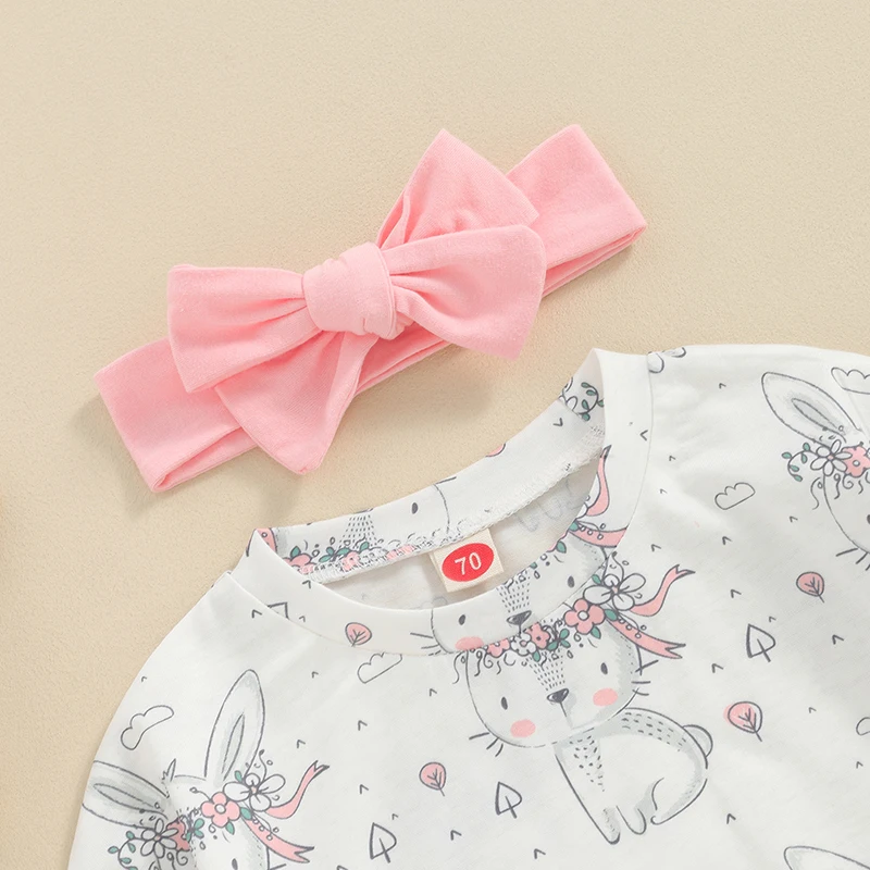 Adorable Baby Girl Easter Outfit Set with Bunny Print Romper and Matching Bow Headband for Infant Toddler Girls - Cute Spring