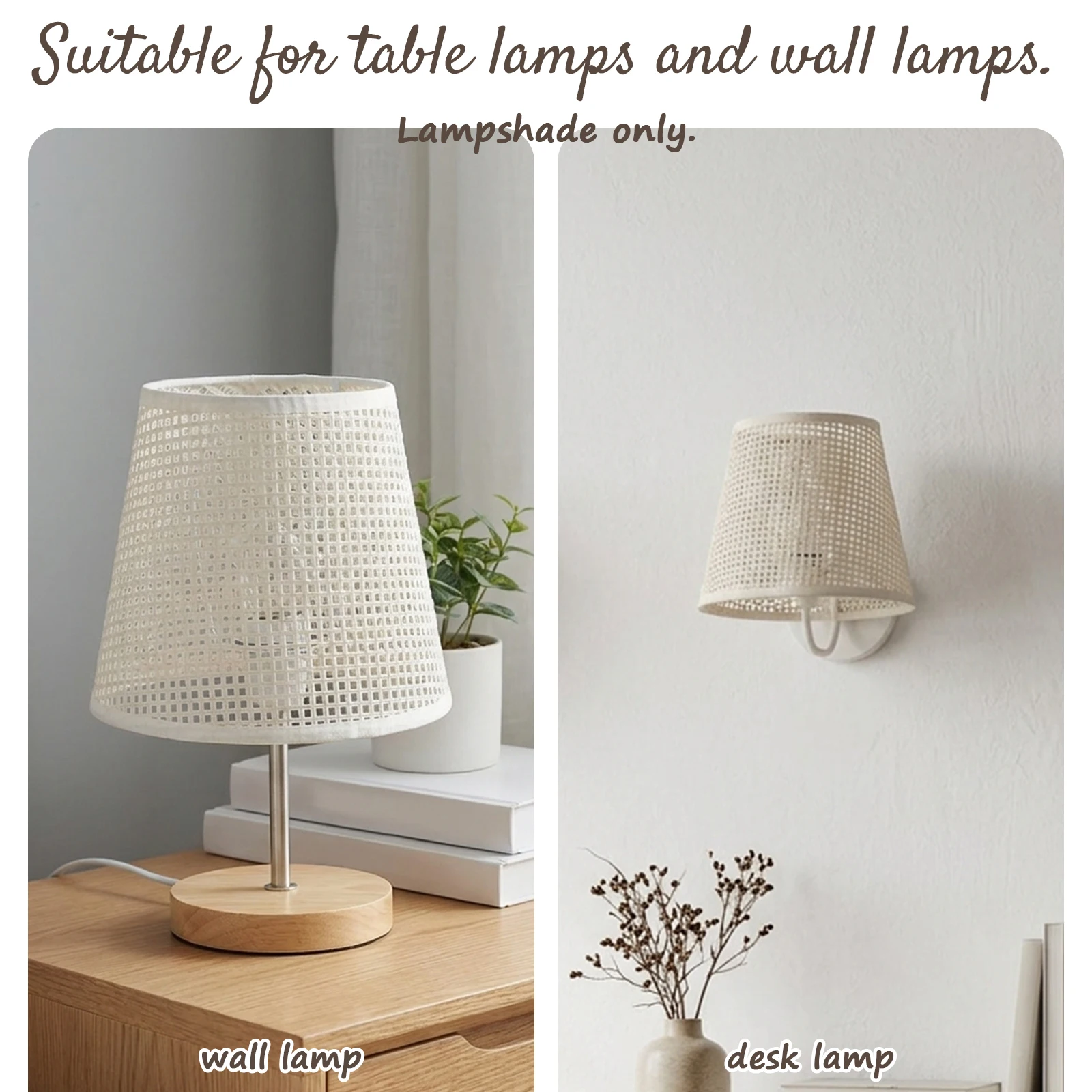Rattan Woven Lamp Shade, Natural Grid Mesh Conical Cover, Boho Decor for Bedroom