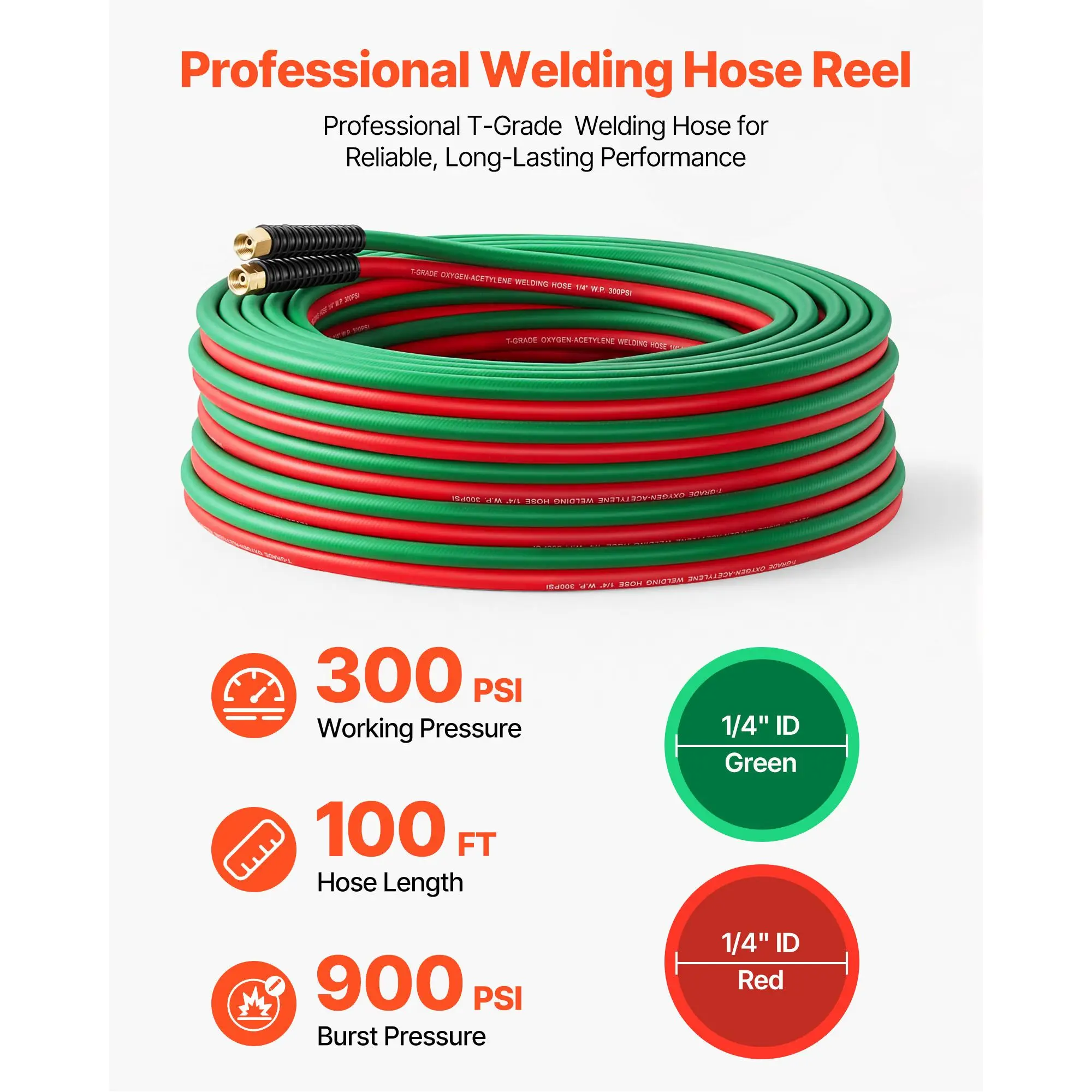 Retractable Welding Hose Reel, Hand Crank Manual Rewind Hose Reel with 1/4 Inch x 100FT Twin Oxygen Acetylene Rubber Hose Max 300PSI - T Grade, Ceiling/Wall Mount Steel Reel for Workshop Garages