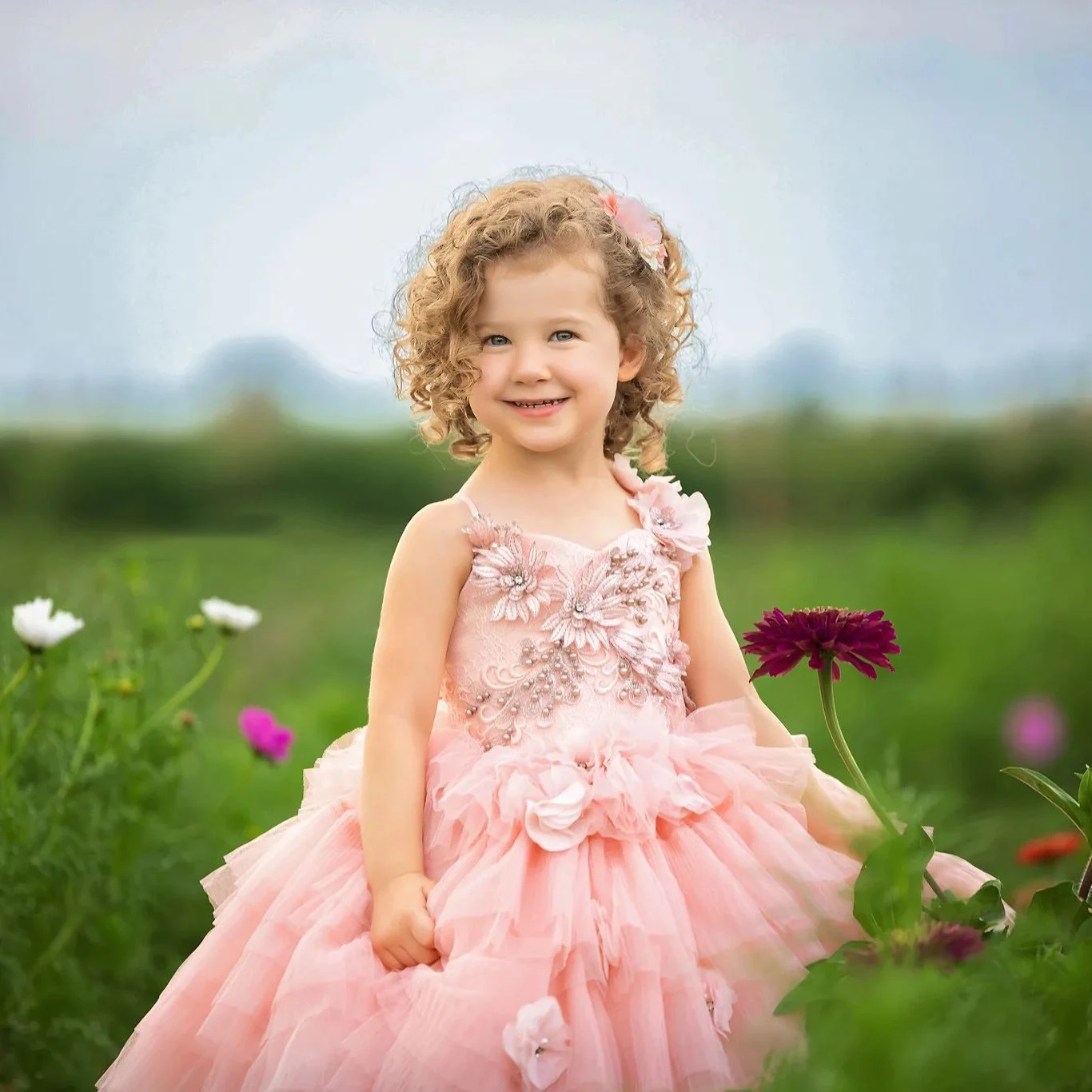 Robes de demoiselle d'honneur roses avec perles pour mariage, robe de princesse avec bretelles en tulle pour enfants, robe de fête d'anniversaire pour bébé, première communion