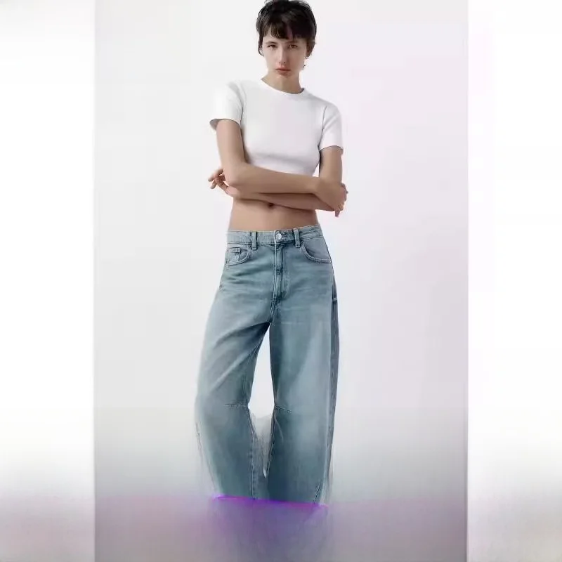 Frühling 2024, lockere Boyfriend-Jeans mit Ballon-Denim, mittlere Taille, gerades Bein, lange Hosen, reine Farbe, hohe Taille
