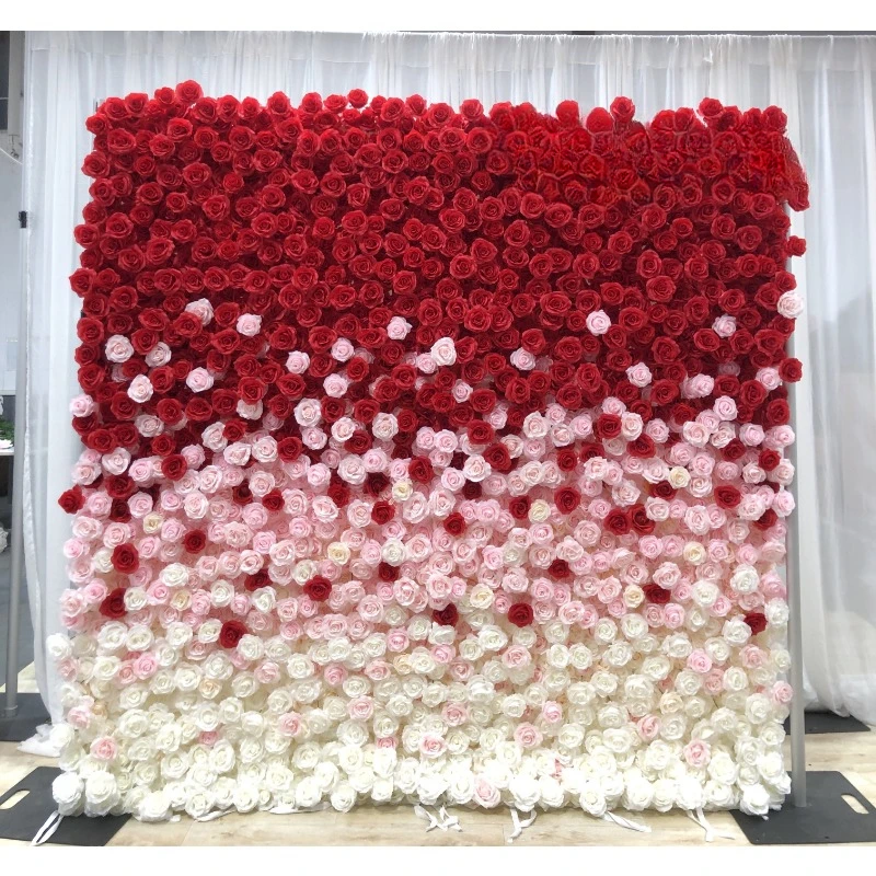 Fabric Back Roll Up White Pink Artificial Rose Hydrangea Floral Wall Wedding Flower Backdrop