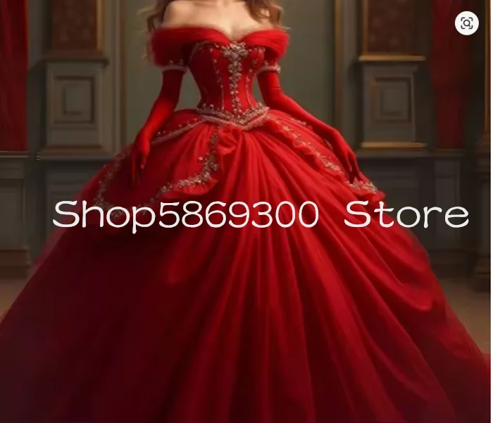 Czerwona Księżniczka Suknie Balowe w Stylu Wiktoriańskim Odkryte Ramiona Marszczone Plisowane Gorset Sznurowane Złote Suknie Wieczorowe na Maskaradę Szyte na Miarę