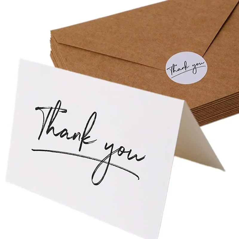 50Pcs/Set Thank You Greeting Card Note Message Cards Small Business Appreciation Card with Kraft Envelope & Sticker Party Favors