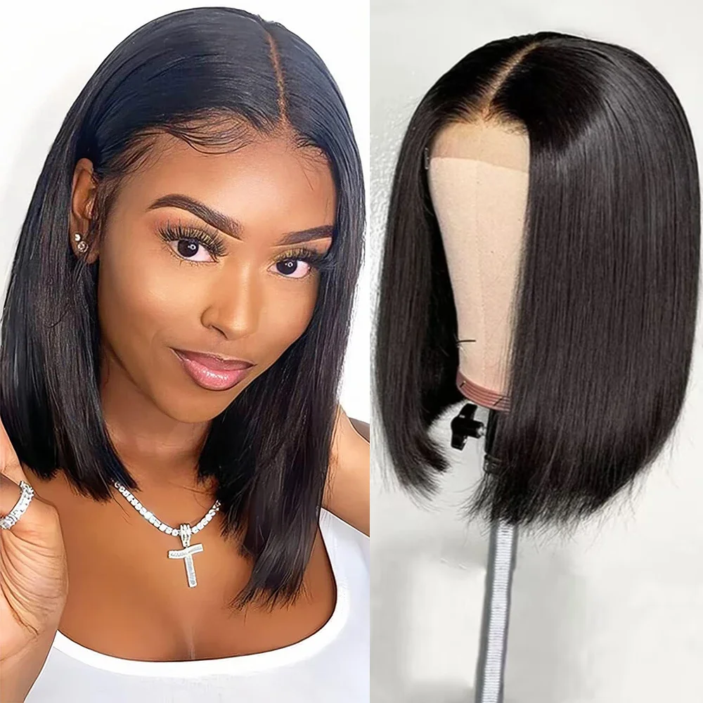

13x4 Full Frontal HD Transparent Lace Short Straight Bob Wigs Brazilian Pre Plucked Wig For Women Remy Human Hair 220% Density
