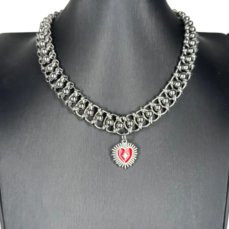 

Punk Grunge Rock Handmade Big Circle Bead Chain Necklace Red Heart Exaggeration Choker Collar Jewelry Hip Hop Accessories Y2K