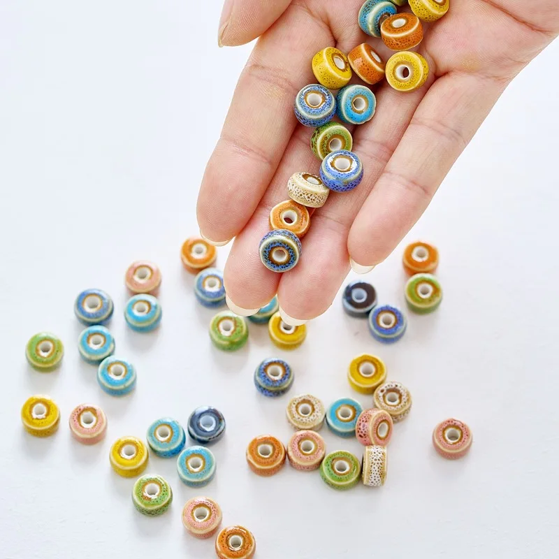 50PCS Ceramic Beads Wheel Shape Spacer Flat Round Spacer Beads For Handmade Materials Jewelry