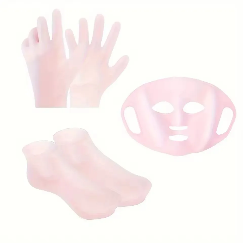 Silicone mask cover, ear-mounted fixed mask to moisturize and absorb essence, reusable hydrating three-piece set, gloves, foot c