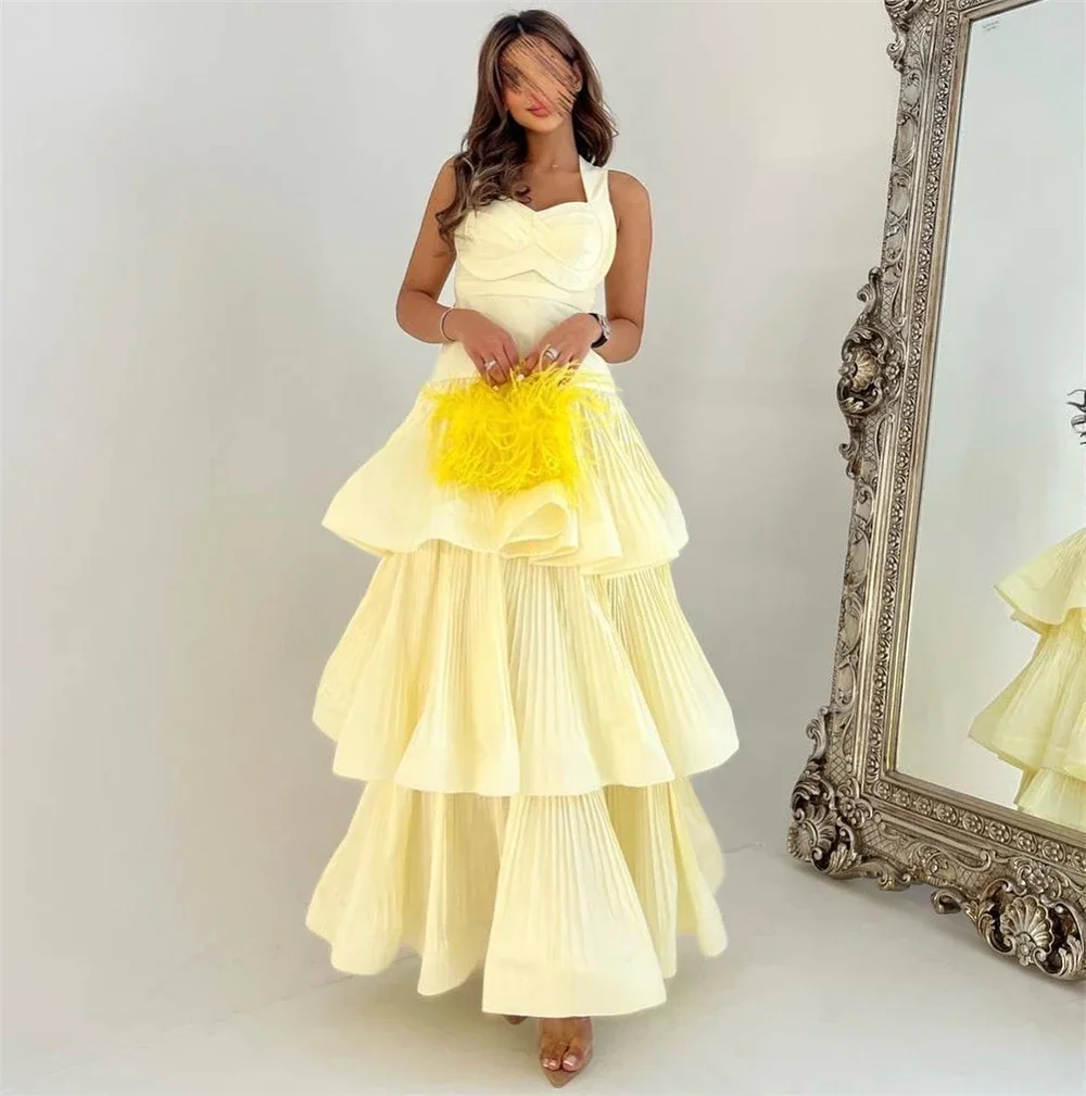 Customized Jiayigong Fashion Square Collar Empire Tiered Party Dress Ankle Length Sleeveless Pleat Formal Evening Gowns جديد في