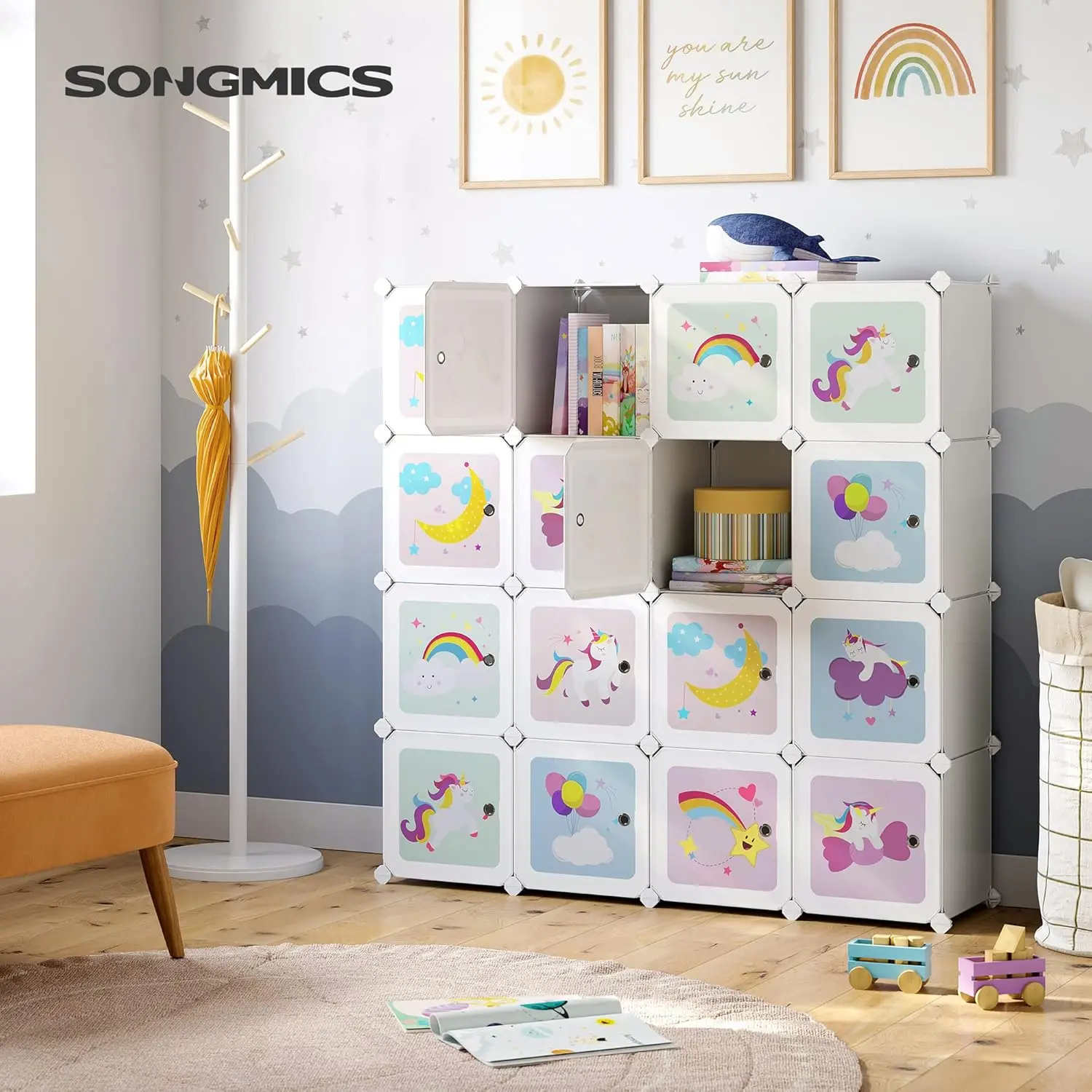 Armario Modular Infantil de 16 Cubos, Organizador Modular para Niños, Estantes de Cubo de Plástico, con Puertas
