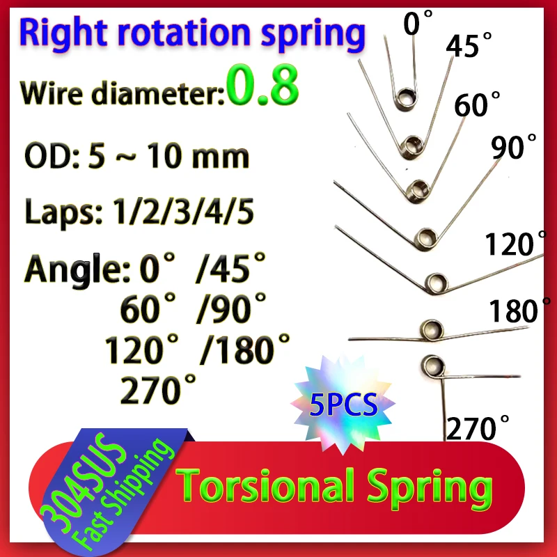 5Pcs Wire Diameter 0.8 Right Rotation Torsion Spring 304 Stainless Steel Torsion Spring Number of Turns 1/2/3/4/5 Turns