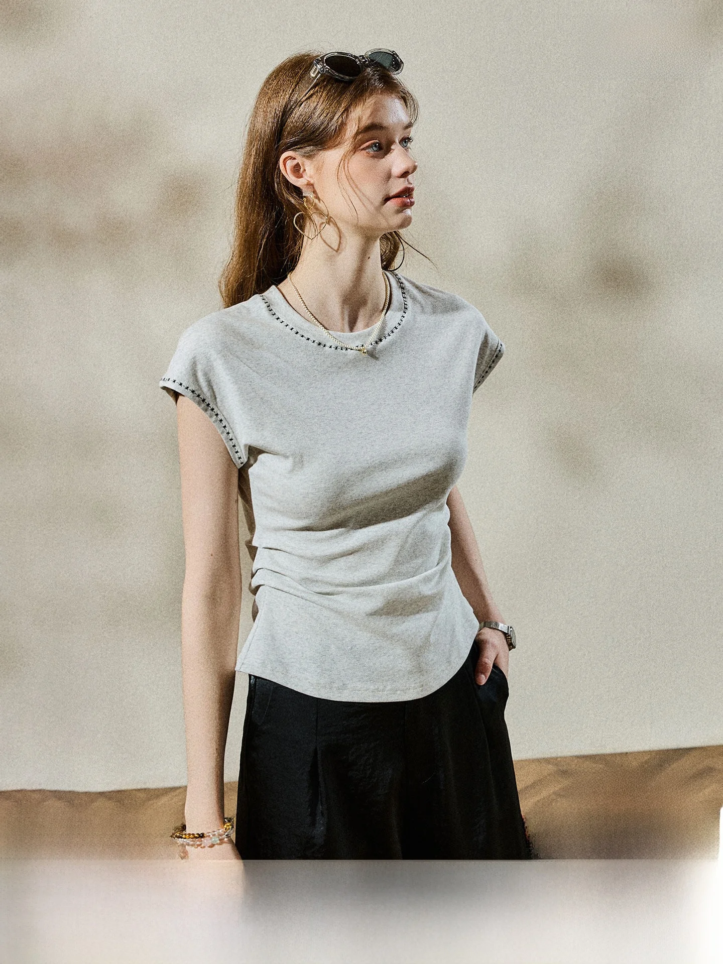 KuNMaVi High Waist Short Sleeve T-Shirt Cotton Polyester Knitted Summer Fashion Embroidery Gathered Pleated Women's Top