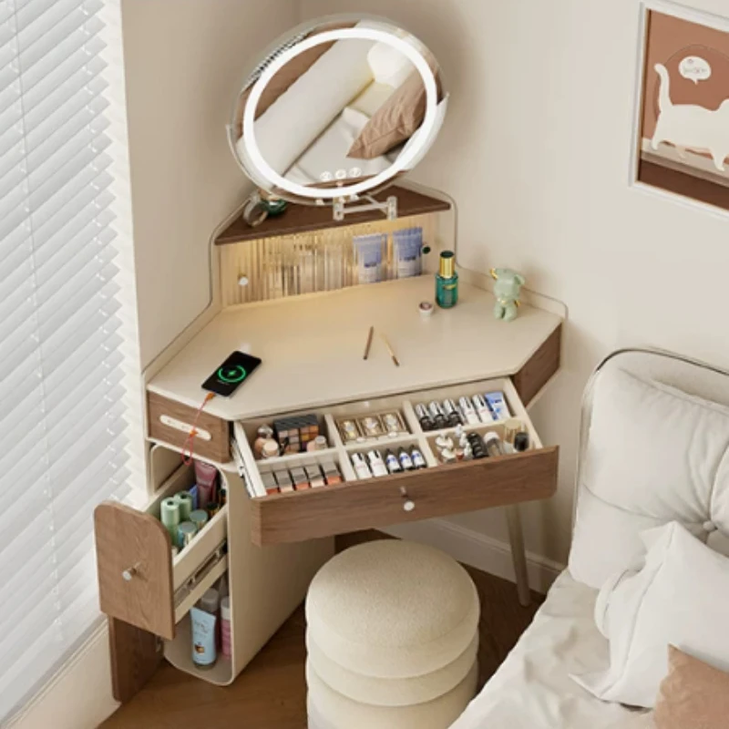 Modern Corner Makeup Vanity Table Set LED Light Round Mirror Stool Dressing Table Hotel With Storage Drawers Bedroom Furniture