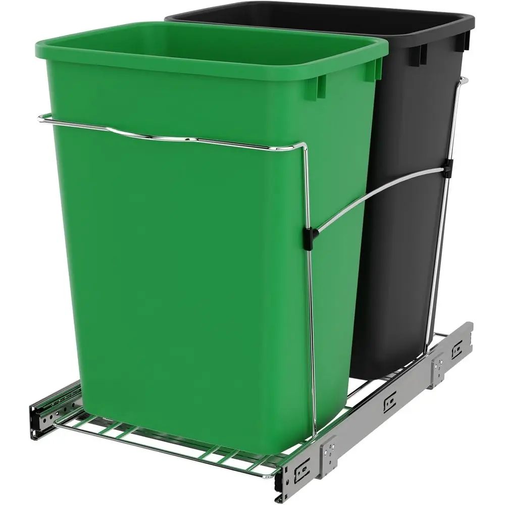 

Double Pullout Trash Can, 35 Quart Kitchen Recycling Bin with Green/Black Slides