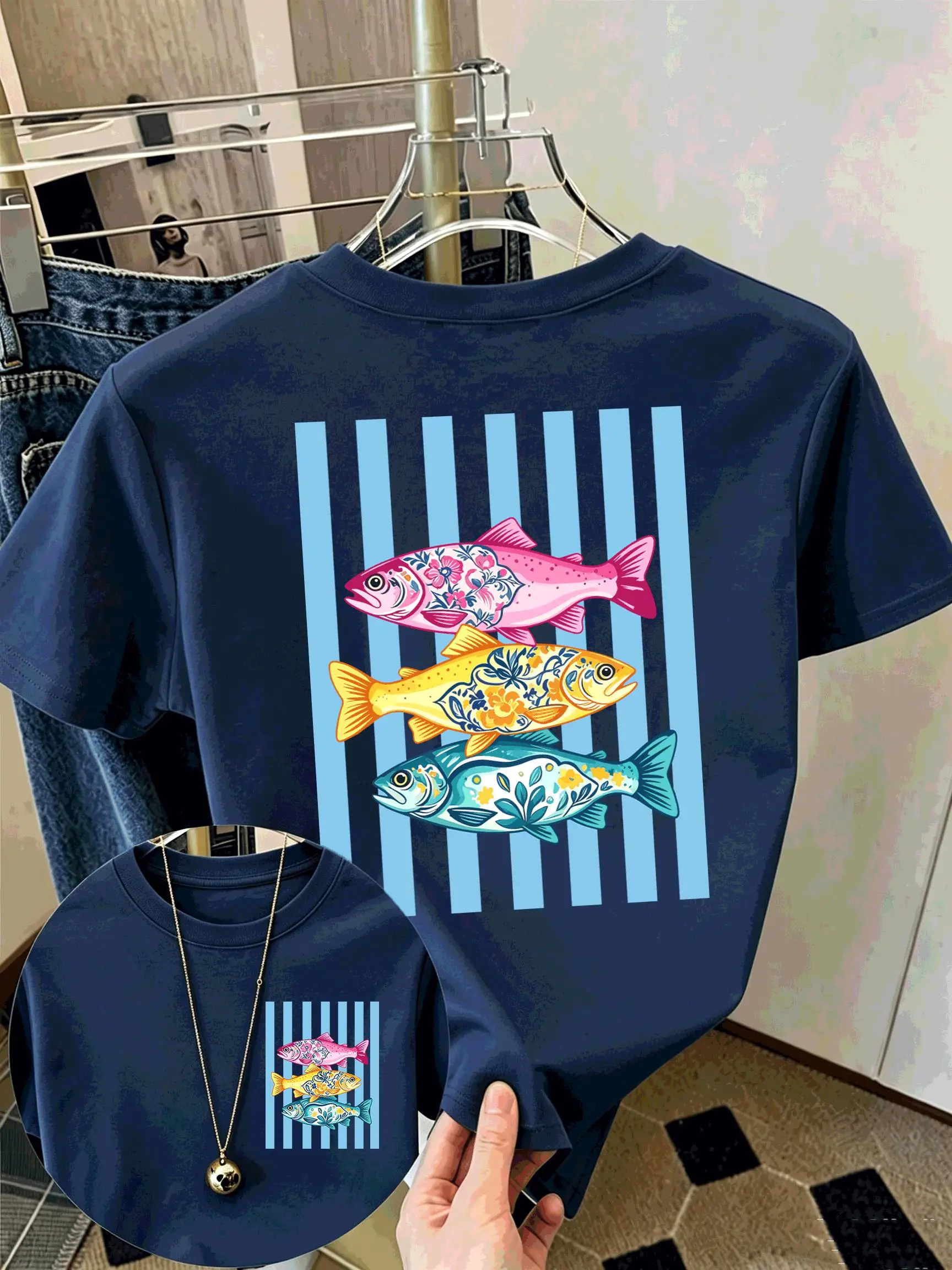 Pastel Ocean Fish Print Women'S T-Shirts Summer O-Neck Tee Shirt Cotton All-Match Short Sleeve Casual Oversized Sportswear