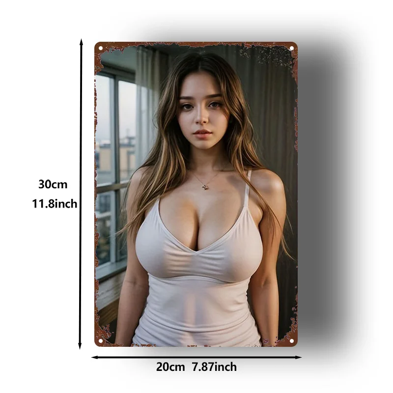 Vintage Sexy Asian Woman In White Tank Top City View Retro Metal Tin Sign, Rustic Sunlit Model Wall Art Decor, Rustic Bar Man Ca