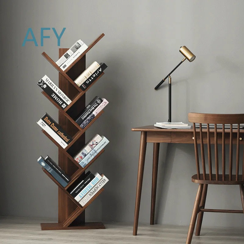 Walnut Wood Tree-Shaped Bookshelf Floor Standing Minimalist Creative Student Bookshelf Cabinet Small American Style for Home