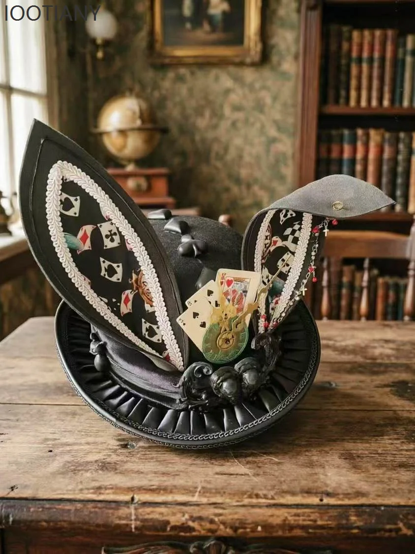 Rabbit Ear Top Hat Clock Pointer Poker Card Decor Black Vintage Cosplay Hats Tea Party Fancy Gothic Lolita Accessory Headgear