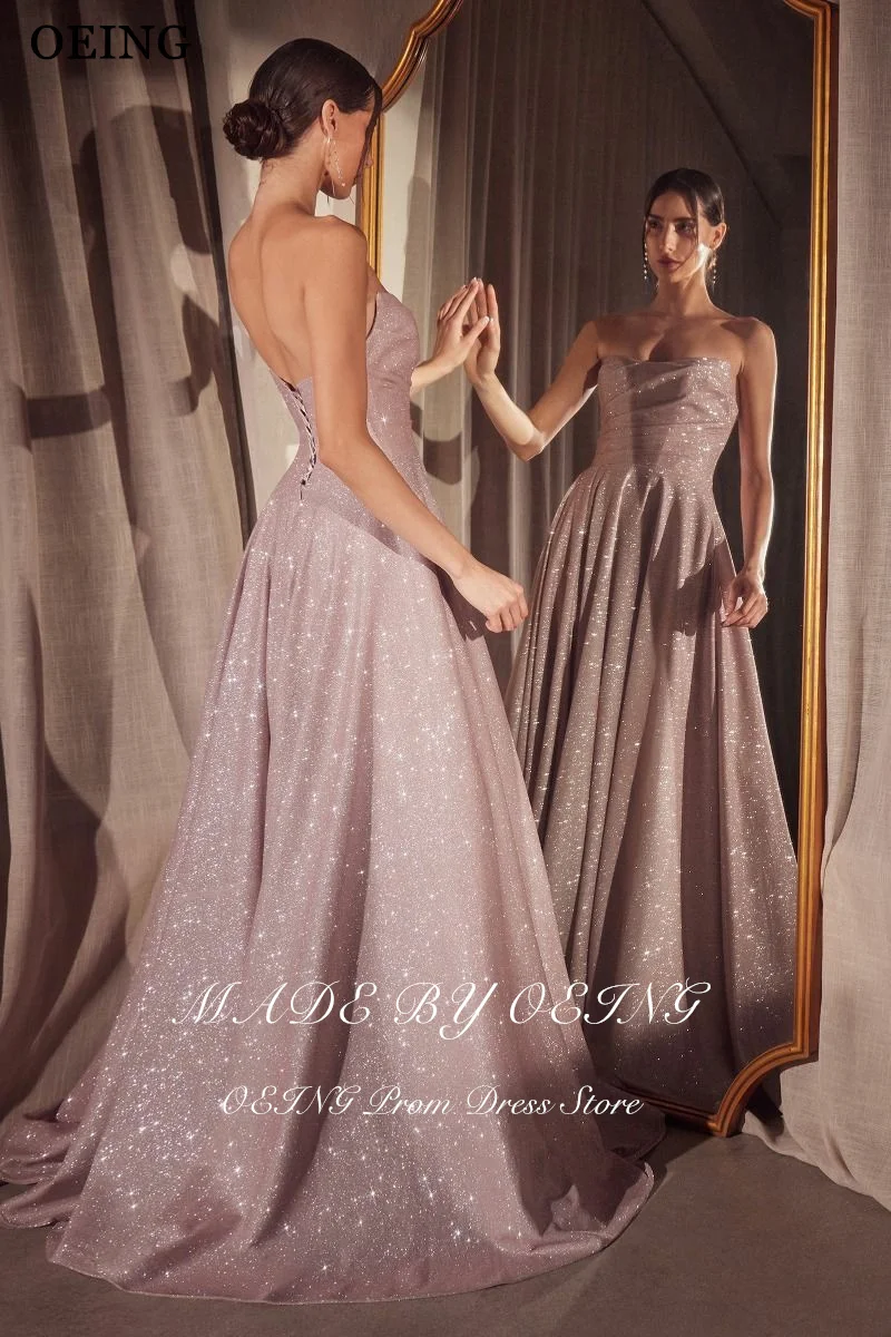 OEING Sparkly A-Line Prom Dress Strapless Sleeveless Side Slit Floor Length Evening Dresses فساتين سهرة สามารถปรับแต่งได้