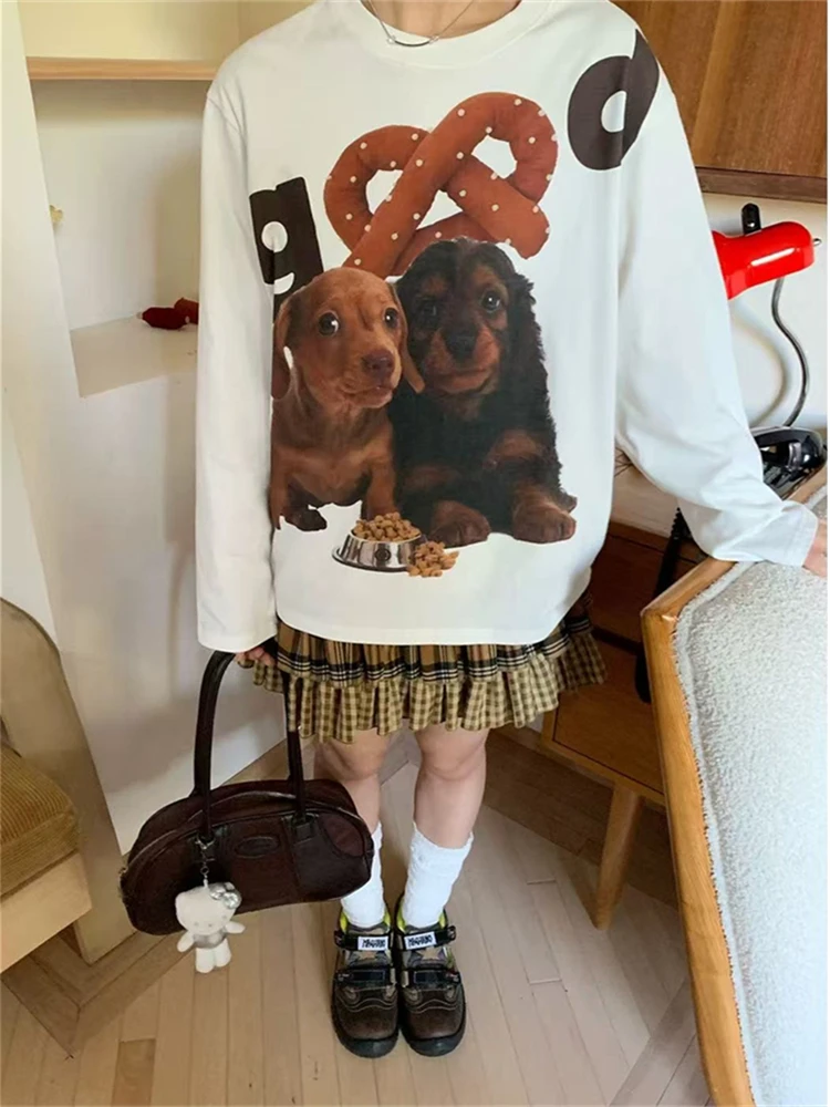 LOTDOOTN Puppy Graphic T-Shirts Women Summer Quality Pure Cotton Loose Vintage T Shirt Cartoon Print Cute Graphic T-shirts Retro