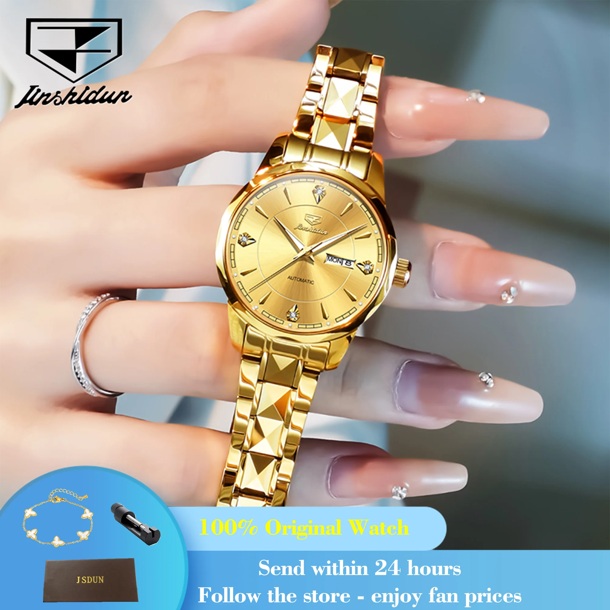 JSDUN 8975 Luxury Deep Waterproof Mechanical Watch For Women Dual Calendar Luminous Dress Wristwatch Business Woman Watches