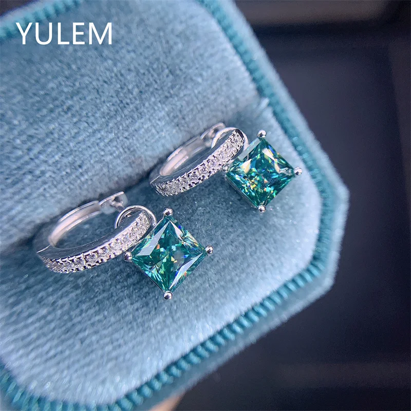 

YULEM 925 Sterling Silver Square Cut Created Moissanite Green Gemstone Wedding Simple Drop Earrings Fine Jewelry Gift