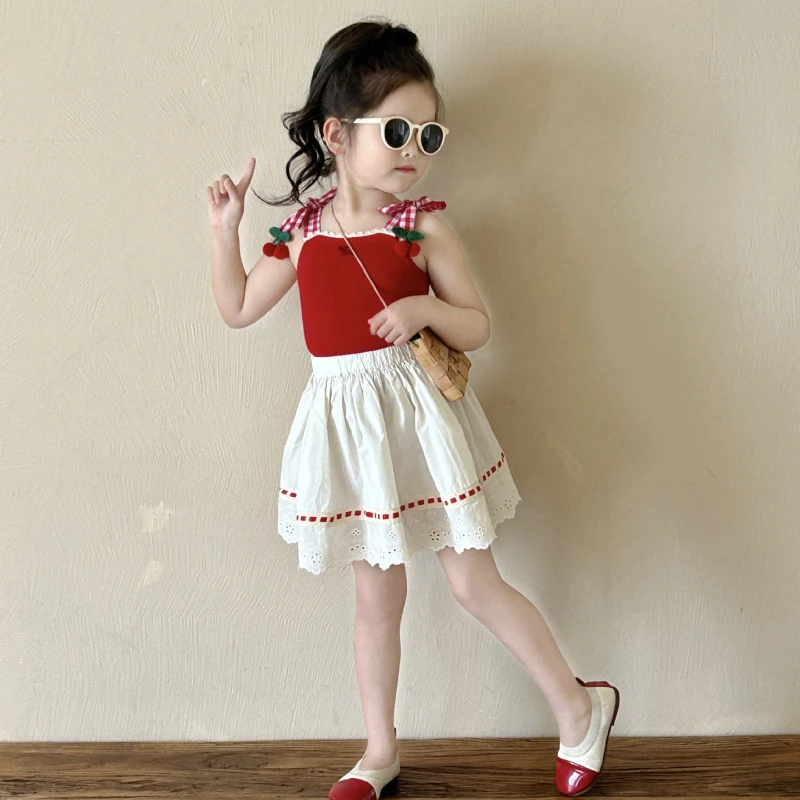 

Girls' Suit Summer New Girls' Cherry Halter Vest Top + Webbing Lace Skirt 2PCS Conjuntos Para Niños Send A Pair of Hairpins