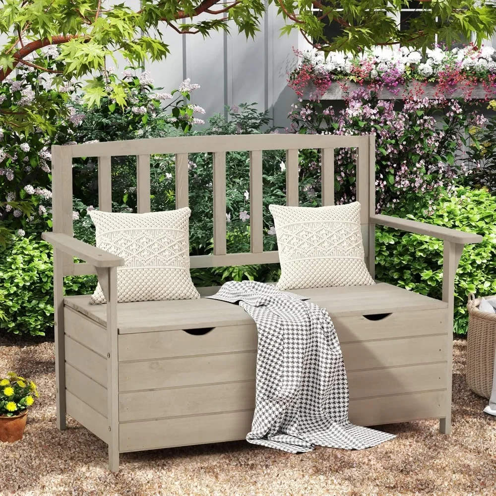 

"Outdoor Wooden Storage Bench - Patio Deck Box w/ Portable Handle & Armrest Seating"​