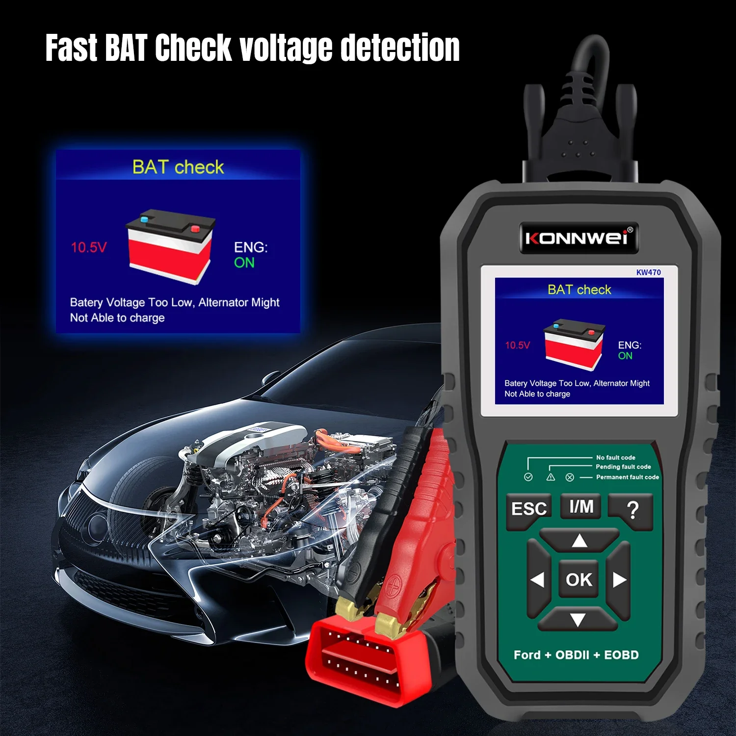 

Многофункциональный диагностический сканер KONNWEI KW470 OBD2 для всех систем с активными тестами, сбросом данных (масло, SAS, BMS), универсальный для автомобилей 12В, с возможностью обновления.