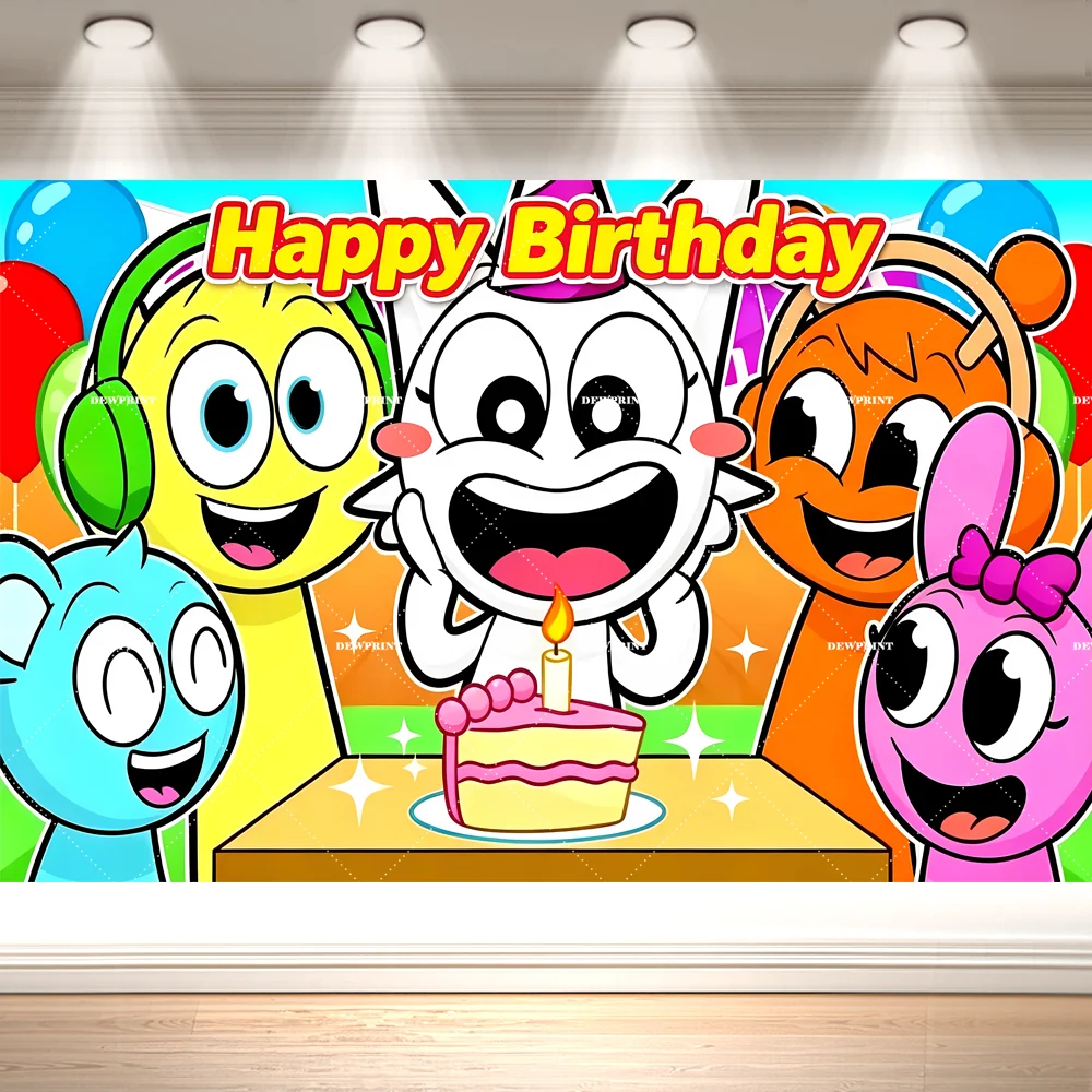 Dewprint S-Sprunki Cartoon Birthday Backdrop Vibrant Game Character Booth Background Kids Birthday Party Decor Banner Supplies