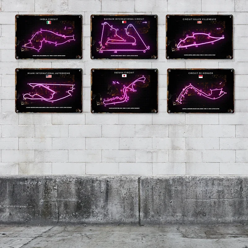 Vintage F1 Racing Neon Track Line Metal Painting Tin Sign Inor Poster City Circuit Miami Grand Art Picture Prints Bedroom Decor