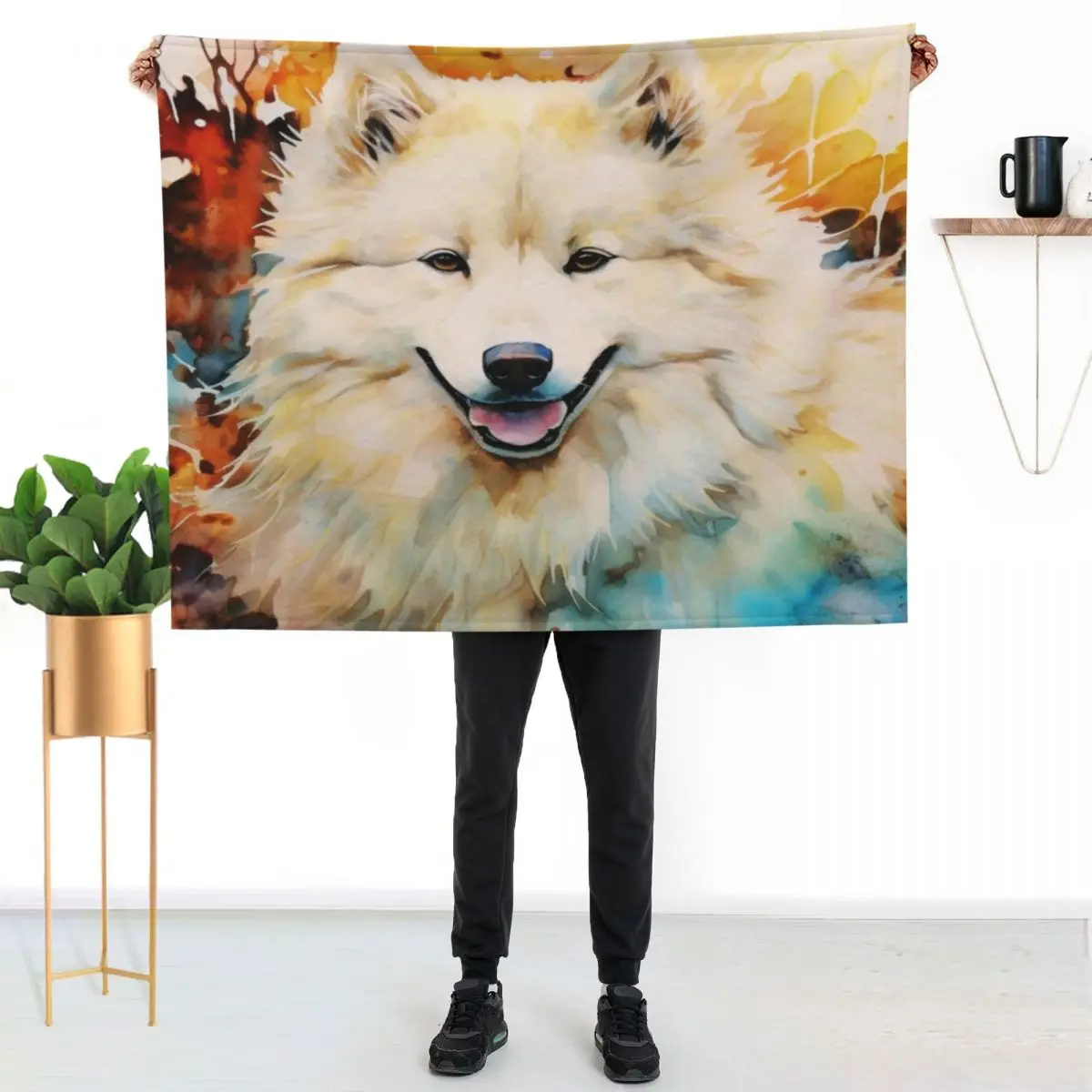 Watercolor Samoyed Throw Blanket Bed Thins Travel Flannel Fabric Soft Beds Soft Blankets