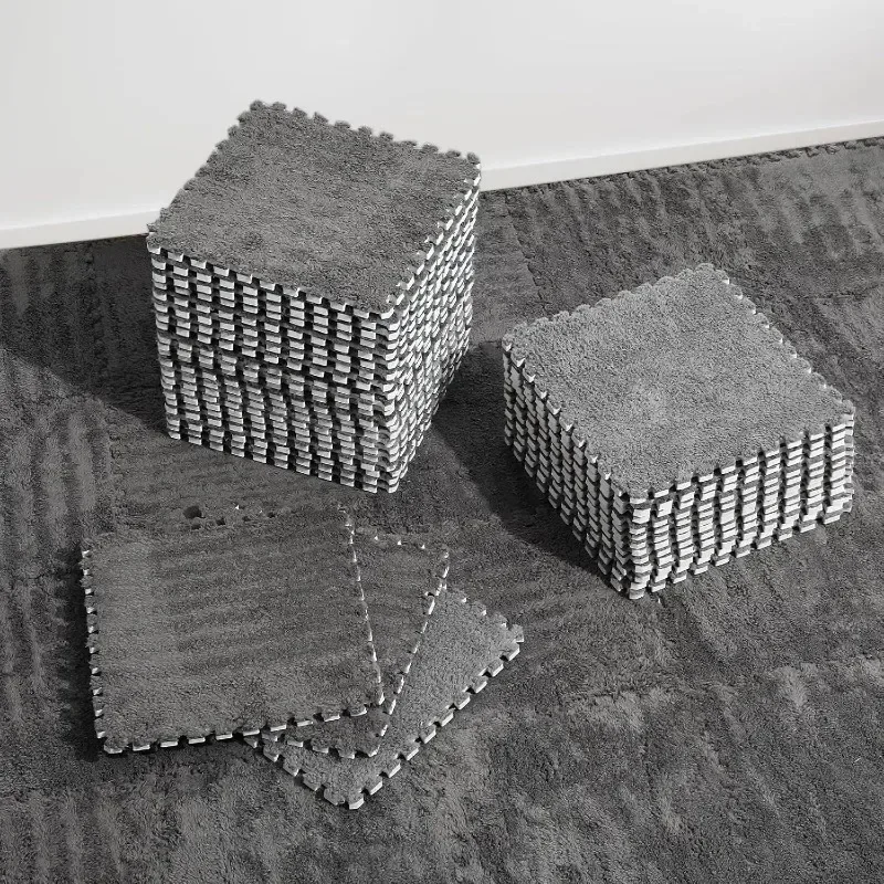 12/24/36/48PCS Grey Interlocking Carpet Shaggy Soft Foam Play Mat  Square Plush Puzzle Floor Tiles for Rooms Home Parlor Bedroom view 2