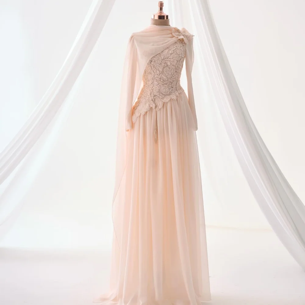 

Customized Intricate Matching Chiffon Handmade Flower Beading Sequined A-line High Collar Floor-Length Evening Dresses for Woman