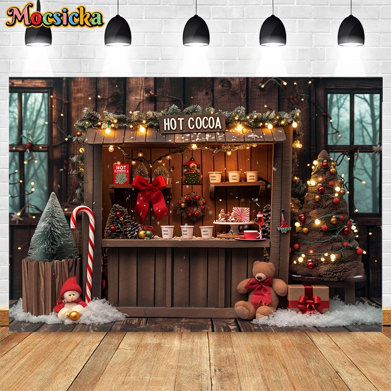 Mocsicka Christmas Hot Cocoa Tree Backdrop Kids Baby Photography Props Child Adult Photocall Xmas Wreath Decors Store Background