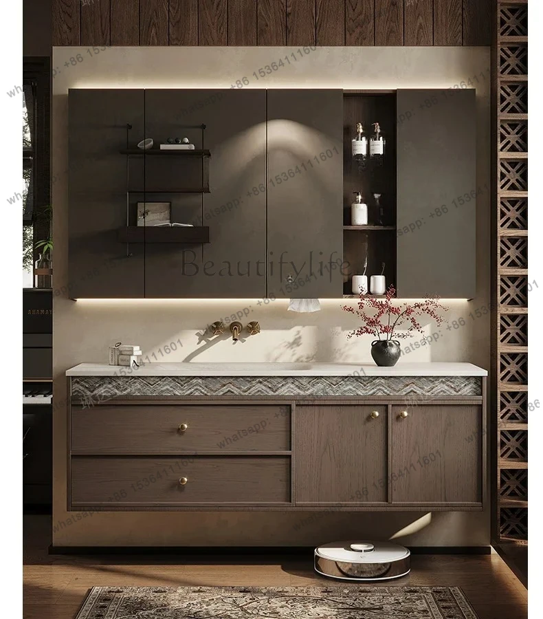 

FG10Medieval walnut bathroom cabinet rock slab hot bending integrated basin combination washbasin sink