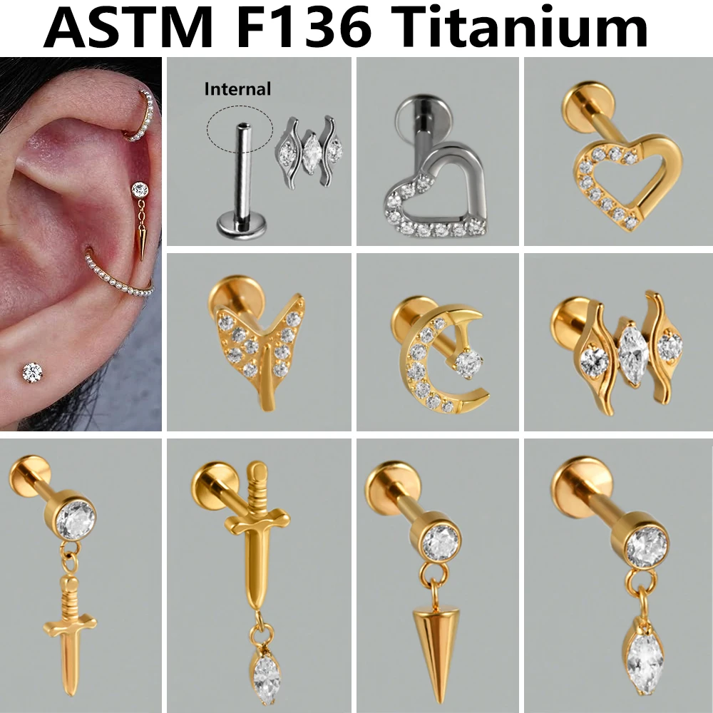 1PC G23 Solid Titanium Heart Helix Studs Cz Gem Internal Thread Earrings Cartilage Tragus Lobe Labret Piercing Lip Jewelry 16G