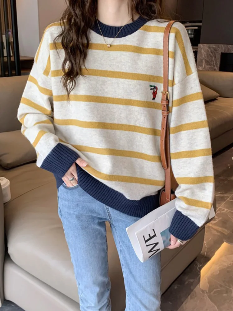 مخطط الألوان المتناقضة سترة الموضة فضفاض أفخم البلوفرات سميكة المرأة عادية فضفاض دافئ لينة محبوك Sueter