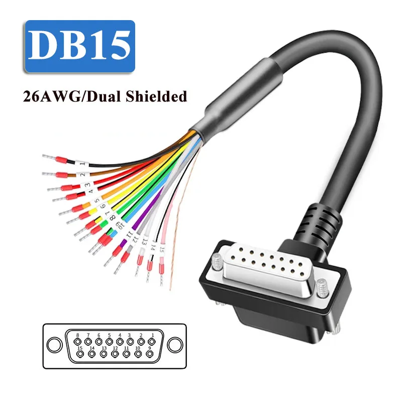 

Elbow DB15 Connector Cable with Number Tube 26AWG 15Pin Serial Port Dual Shielded Wire 15 Pin Single Male Female Head with Line