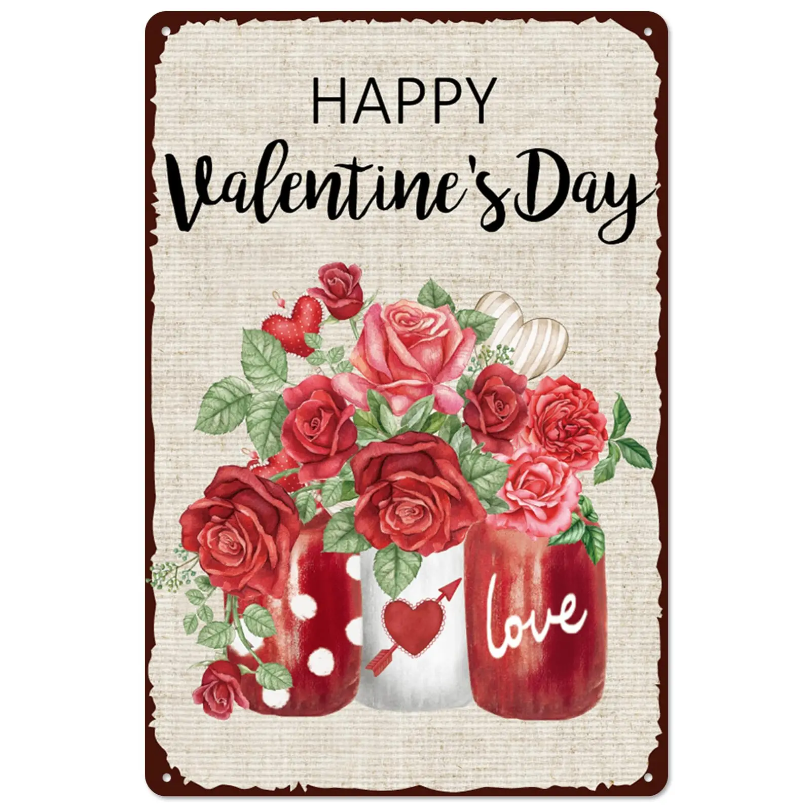 Whaline Retro Tin Sign Valentine's Day Rose Flower Mason Jar Metal Sign Red Floral Wall Art Decor Welcome Holiday Decor Iron