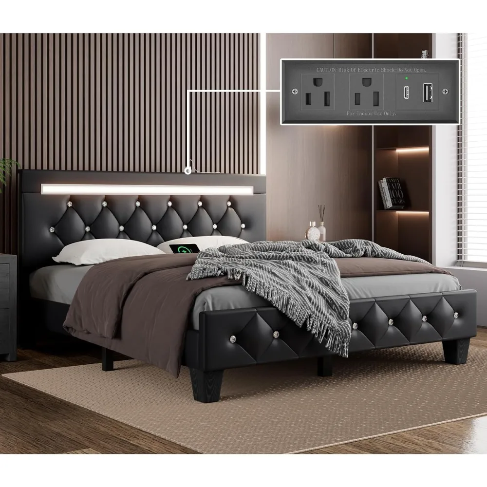 

Queen Size Bed Frame with LED Light and Charging Station, Faux Leather Upholstered Platform Bed with Handcrafted Crystal Button