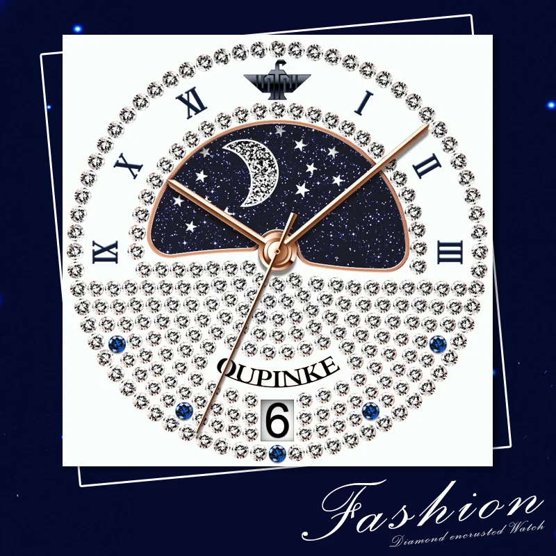 OUPINKE 3216 ساعة كوارتز سويسرية للنساء ذهبي وردي ألماس كامل فاخر مرحلة القمر ساعة يد للسيدات حزام من الجلد ساعة نسائية