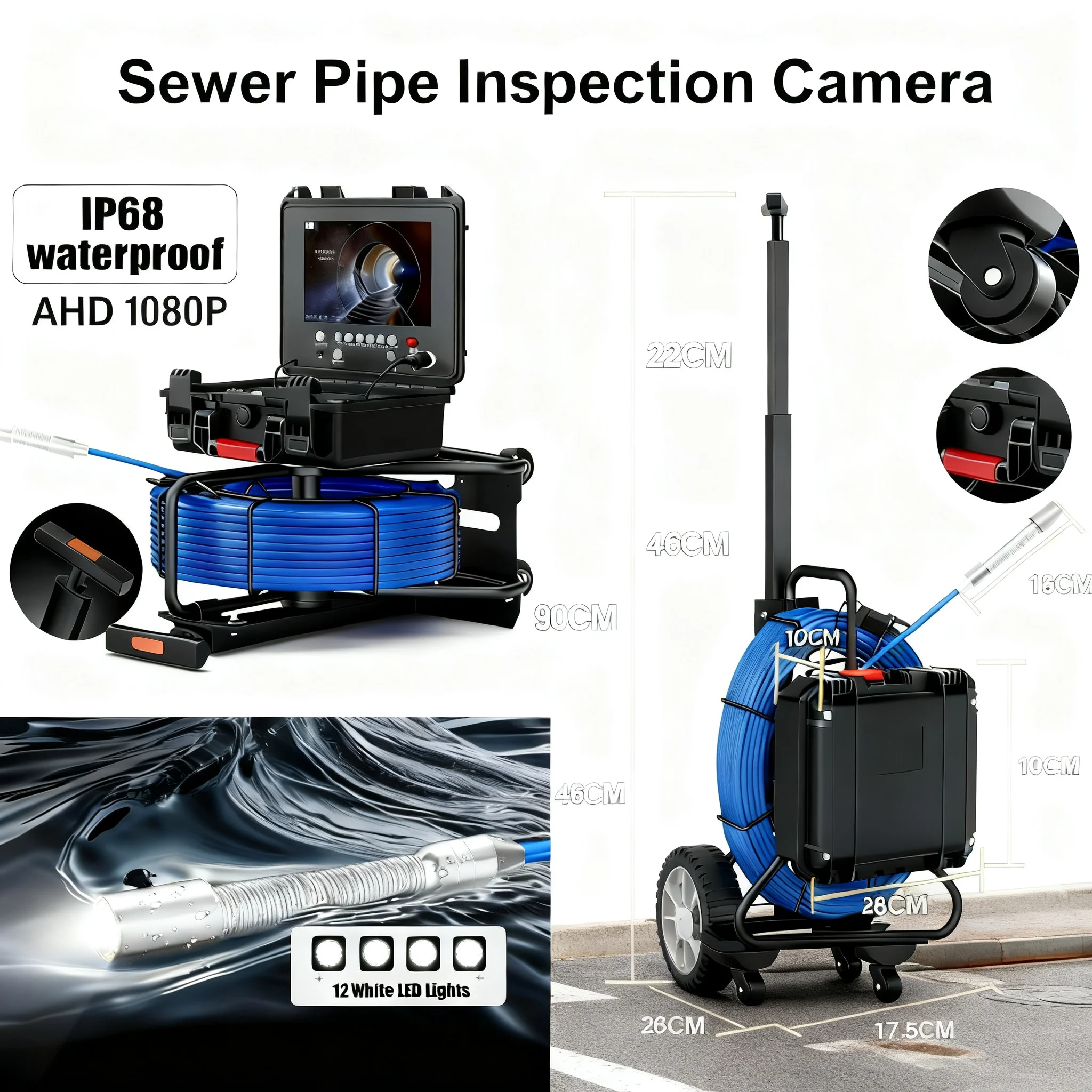 

waterproof Sewer Pipe Inspection Camera 1080P HD with 512Hz Transmitter Self Leveling 5X Zoom DVR Video Audio Recording 1000TVL