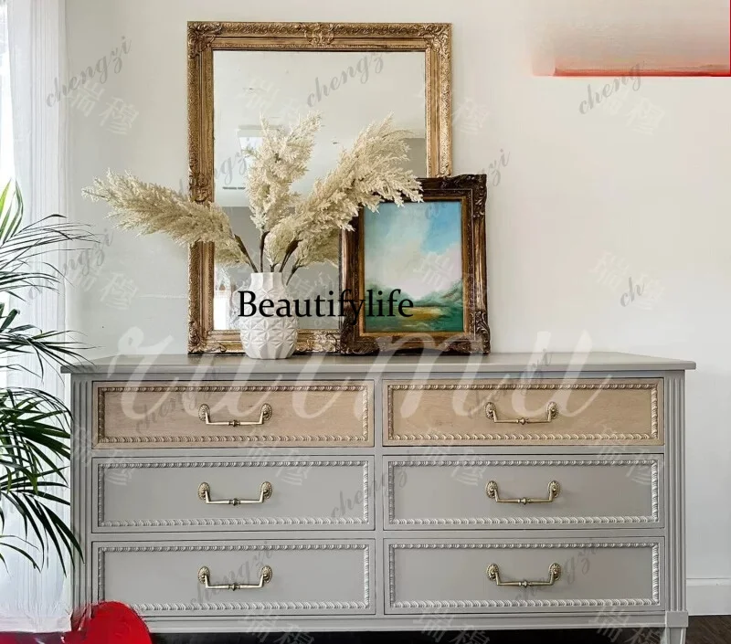 

French retro engraved color matching solid wood bucket cabinet American country storage cabinet living room bedroom