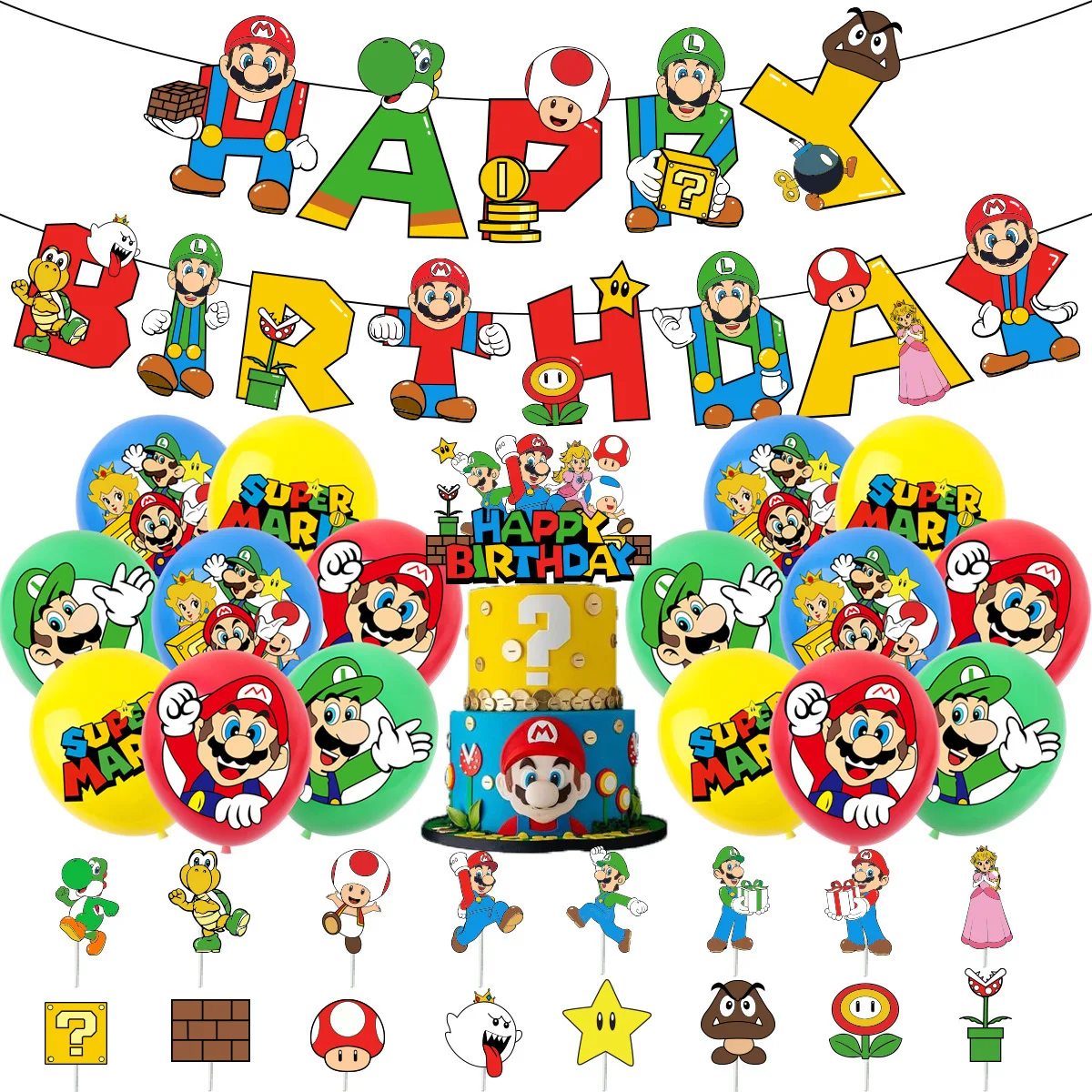Balloon Mary Mario Cake Flag Flag Decoration Birthday Party Decoration Set Electronic Candle Stair Handrail Happy Decoration Pro - view 2