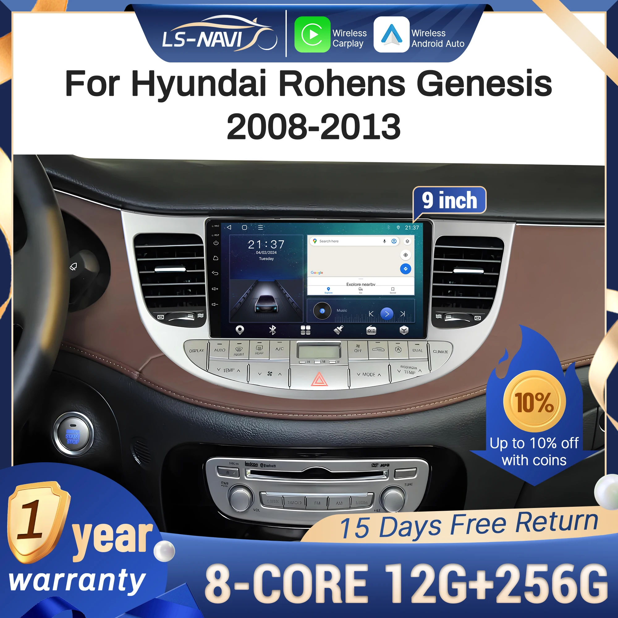 

Автомобильное радио Android 14, для Hyundai Rohens Genesis 2008-2013, беспроводной Carplay, мультимедийная навигация, сенсорный головной блок, экран, стерео